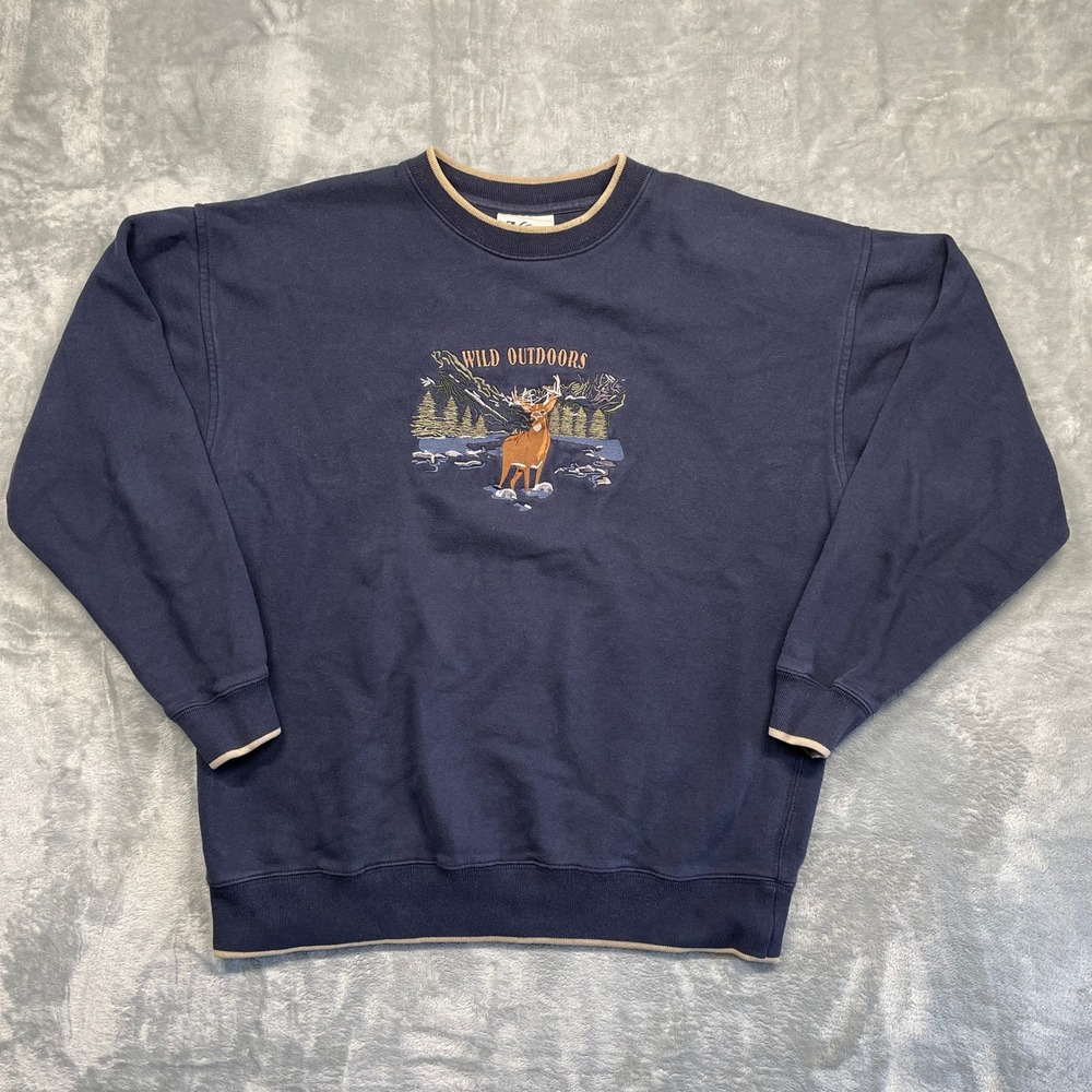 MC Sport Sweatshirt Mens Large Navy Blue Wild Outdoors Deer Embroidered Pullover